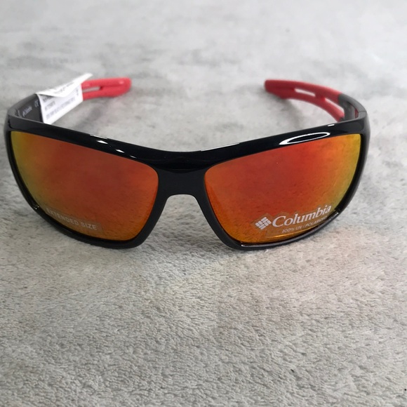 Columbia Men's Shiny Black Red Orange Ext Size Polorized Sunglasses New - Picture 1 of 8